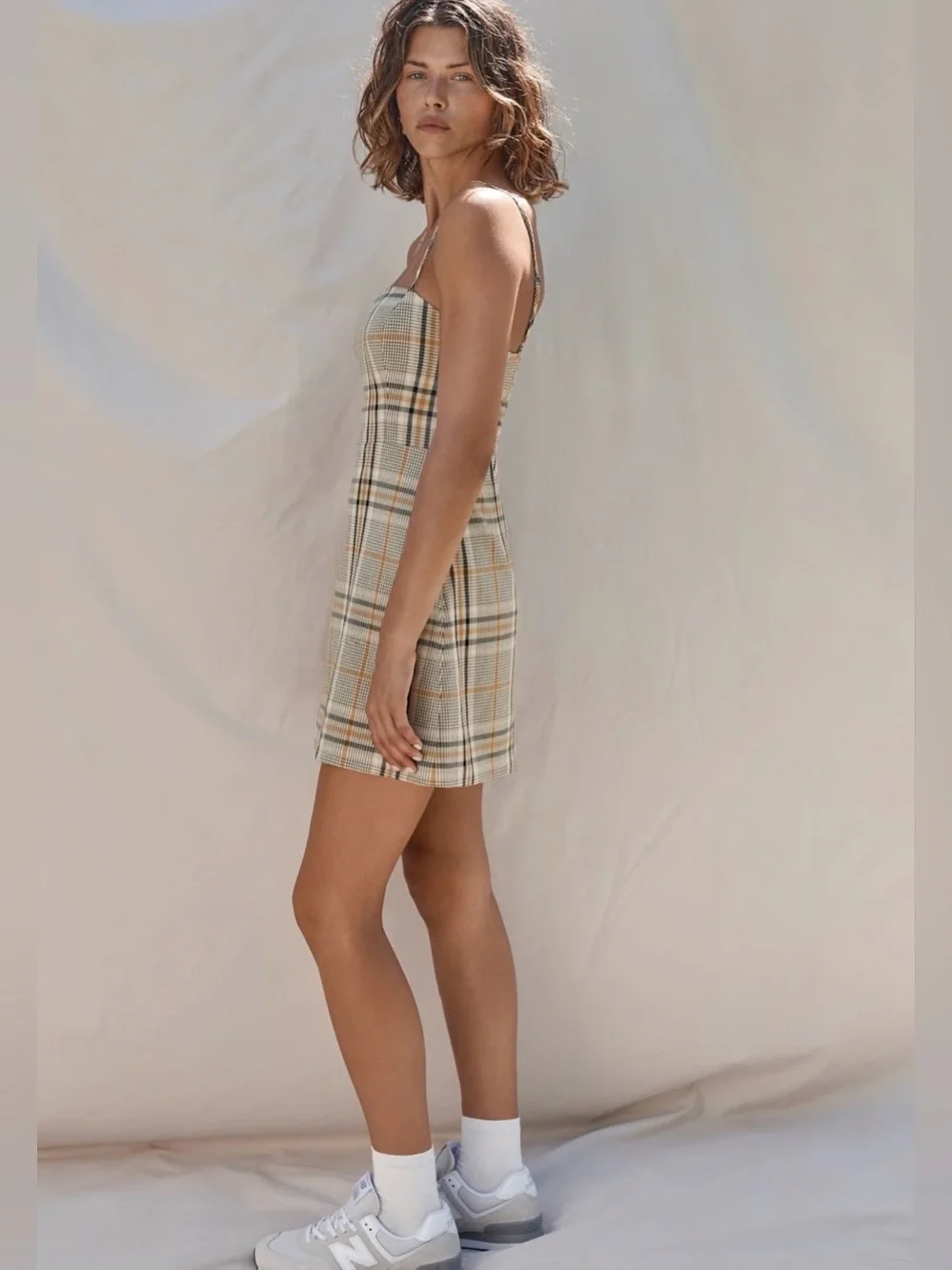 Aritzia Wilfred Plaid Mini Dress | Neutral Check Print | Size Small - Picture 2 of 7